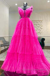 Hot Pink Tulle Long Semi Formal Prom Dresses, Hot Pink Long Formal Graduation Dresses